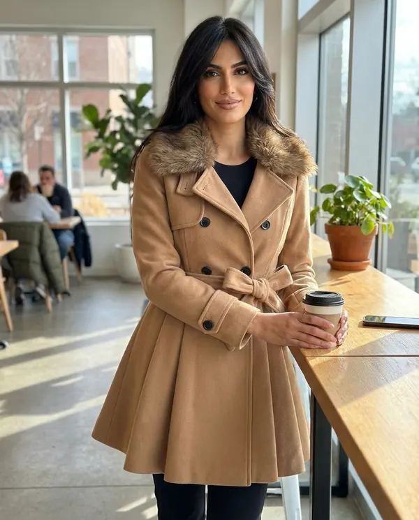 Satin Eve styling: Flared Faux Fur Collar Coat