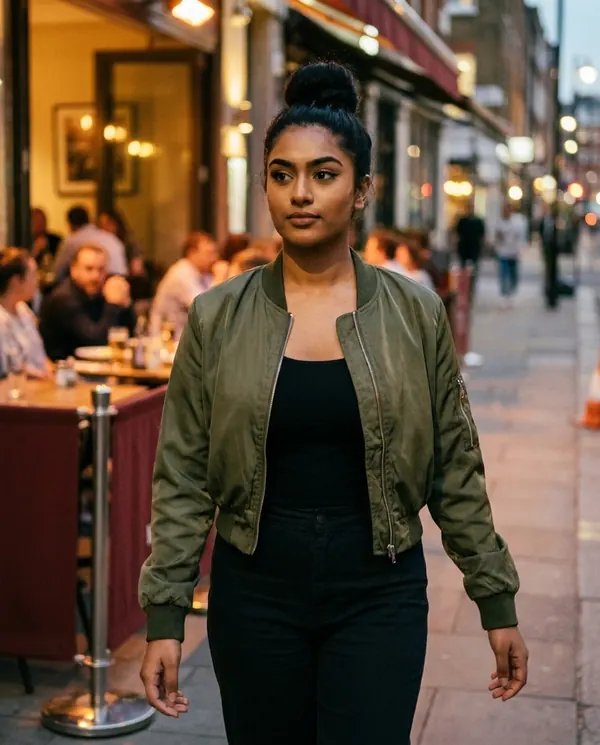 Satin Eve styling: Satin-Finish Cropped Bomber Jacket