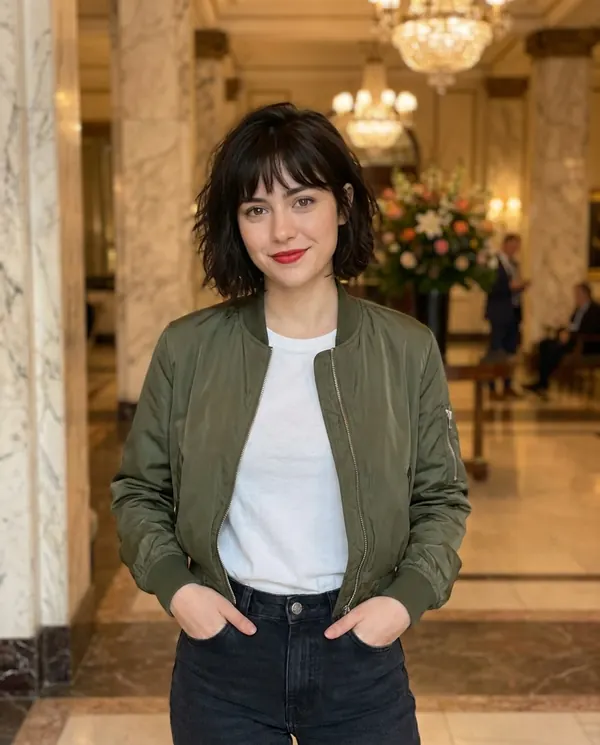 Satin Eve styling: Satin-Finish Cropped Bomber Jacket