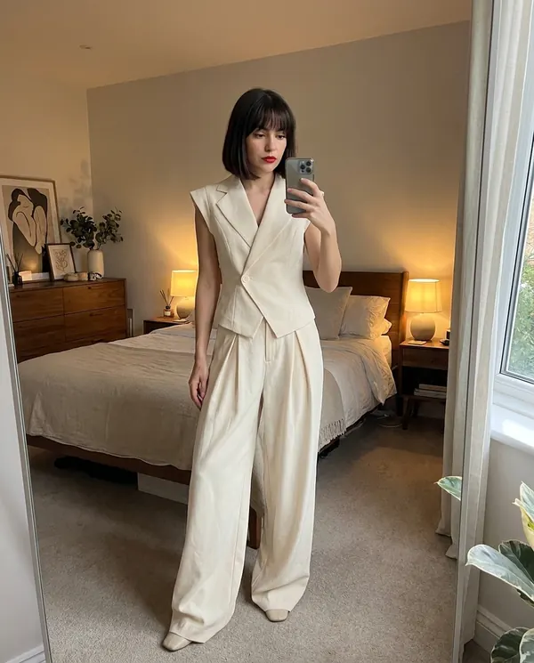 Satin Eve styling: Sleeveless Waistcoat and Wide-Leg Trouser Set