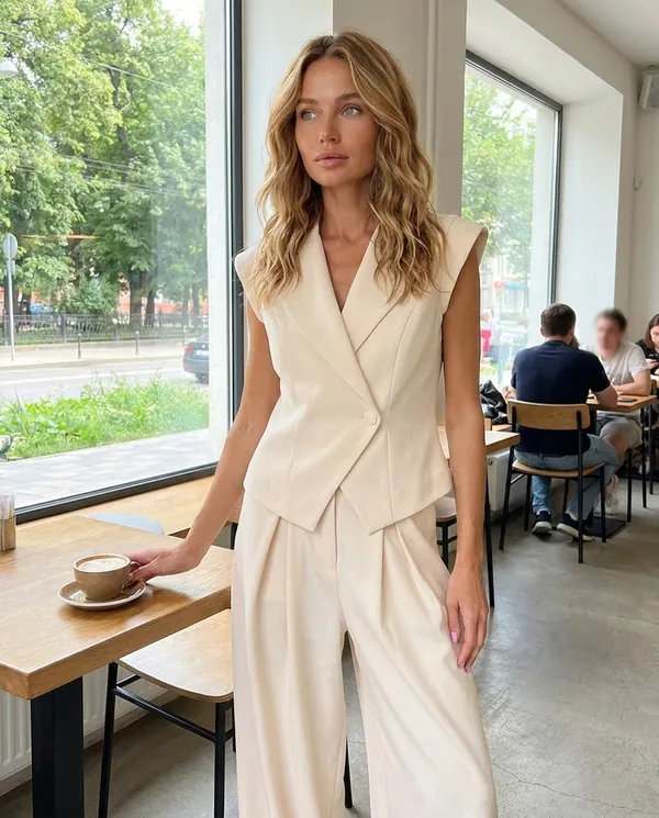 Satin Eve styling: Sleeveless Waistcoat and Wide-Leg Trouser Set