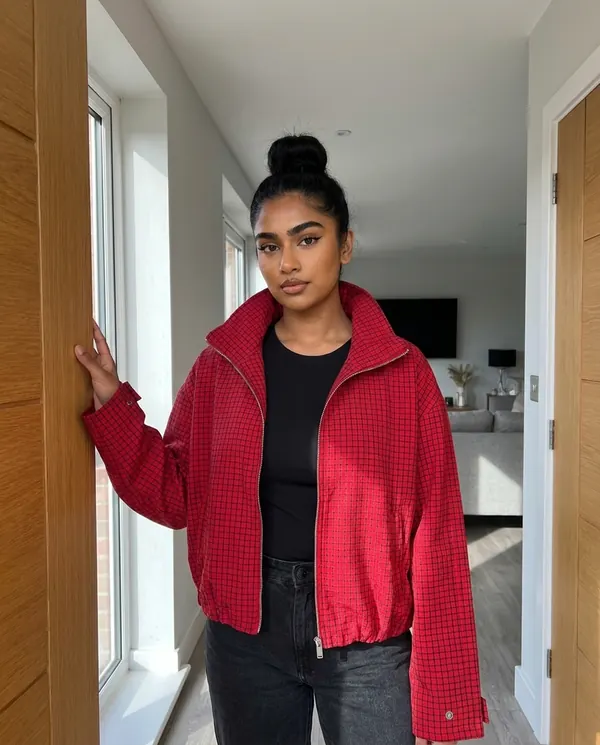 Satin Eve styling: Red Check Stand-Collar Zip Jacket