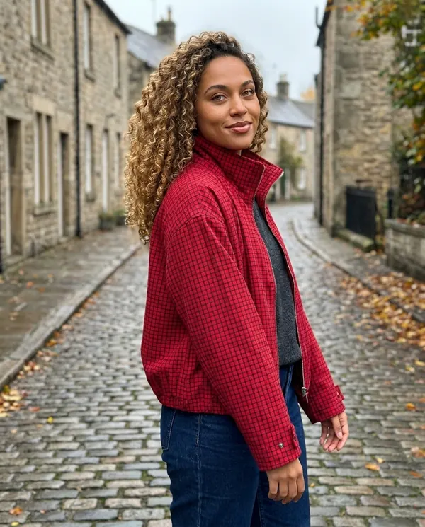 Satin Eve styling: Red Check Stand-Collar Zip Jacket