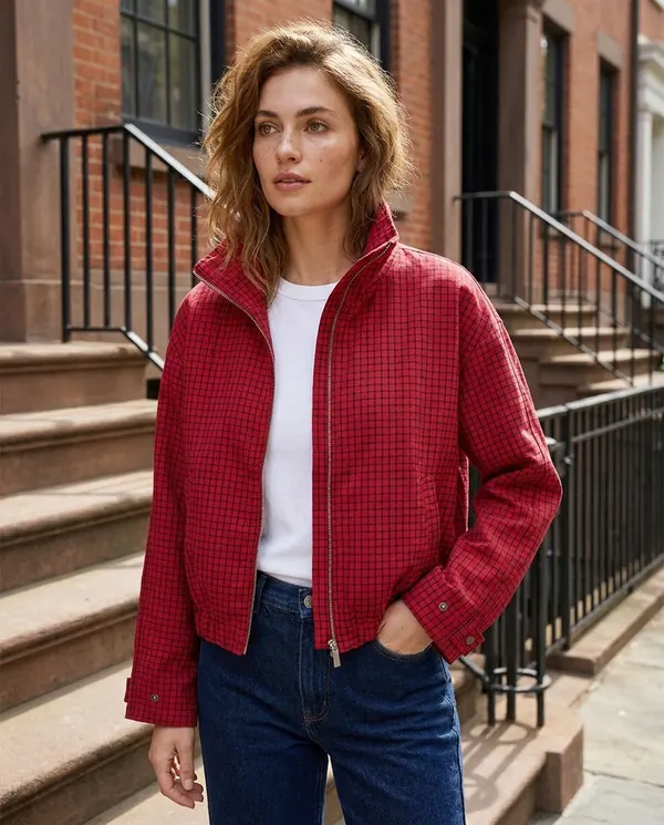 Satin Eve styling: Red Check Stand-Collar Zip Jacket