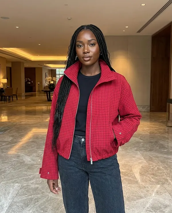 Satin Eve styling: Red Check Stand-Collar Zip Jacket