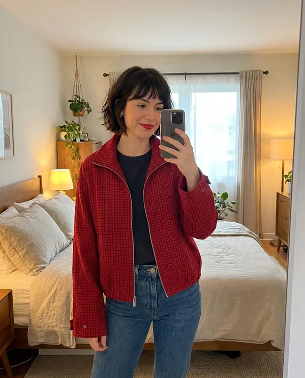 Satin Eve styling: Red Check Stand-Collar Zip Jacket