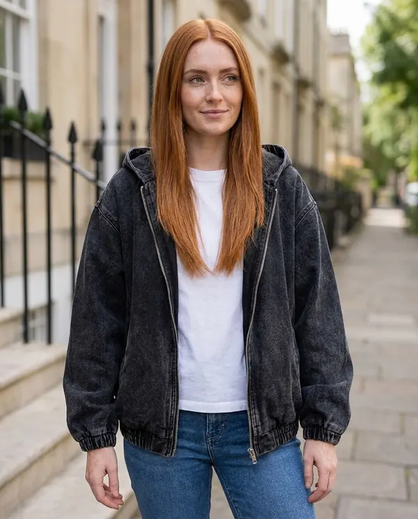 Satin Eve styling: Washed Denim Hooded Zip Bomber