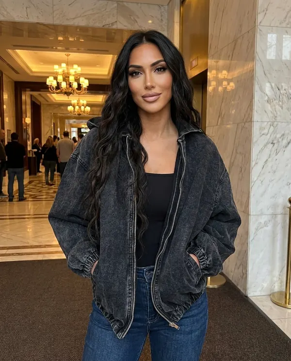 Satin Eve styling: Washed Denim Hooded Zip Bomber