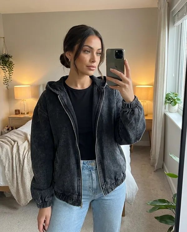 Satin Eve styling: Washed Denim Hooded Zip Bomber