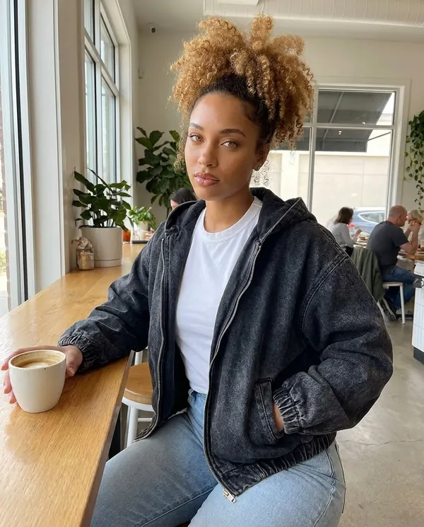 Satin Eve styling: Washed Denim Hooded Zip Bomber