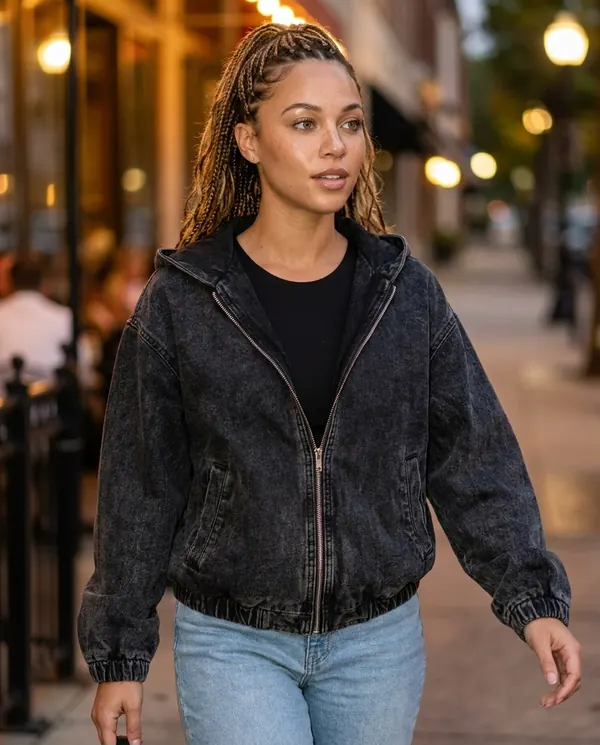 Satin Eve styling: Washed Denim Hooded Zip Bomber