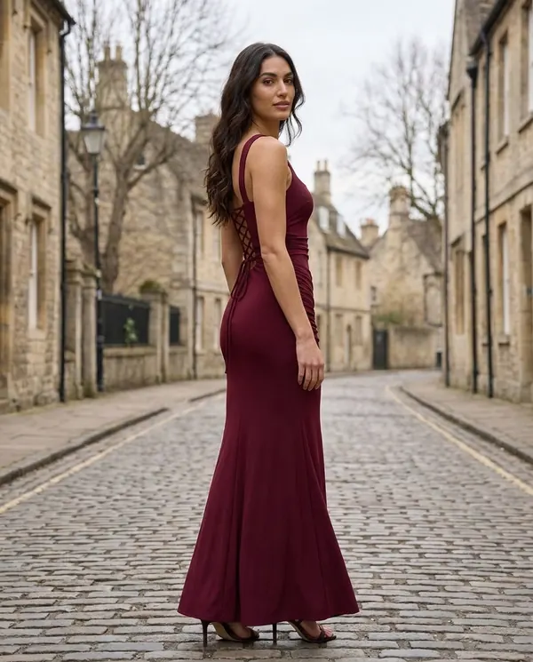 Satin Eve styling: Square-Neck Lace-Up Back Maxi Dress
