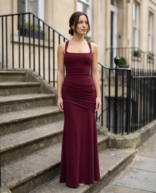 Satin Eve styling: Square-Neck Lace-Up Back Maxi Dress