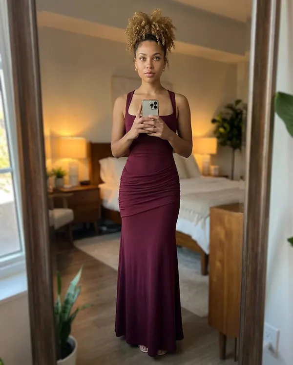 Satin Eve styling: Square-Neck Lace-Up Back Maxi Dress
