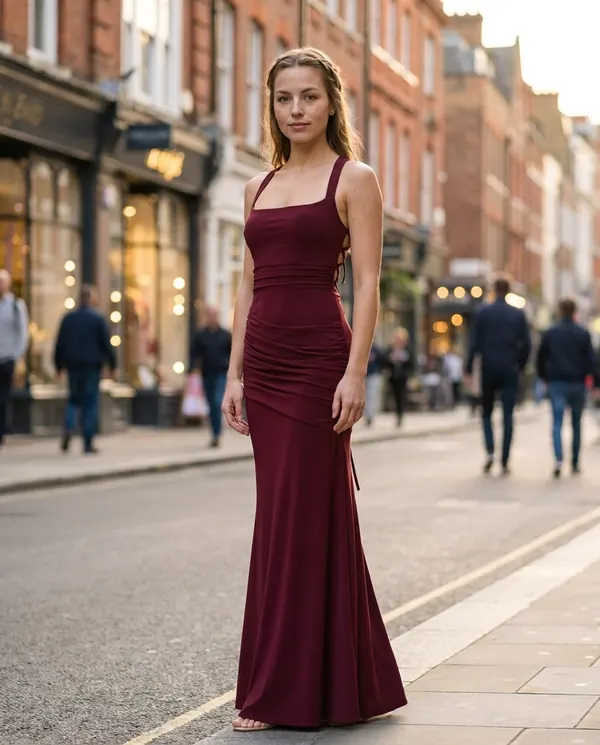 Satin Eve styling: Square-Neck Lace-Up Back Maxi Dress