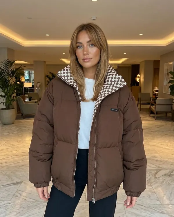 Satin Eve styling: Oversized Puffer Jacket with Check Collar