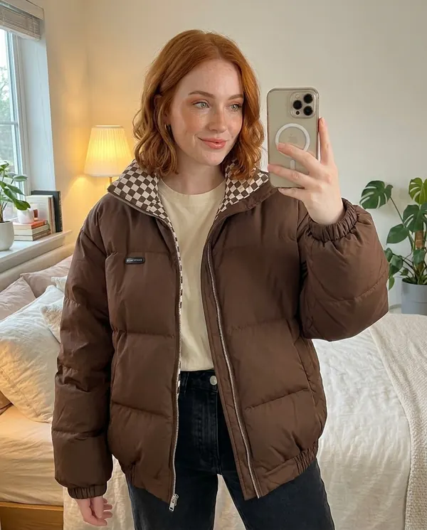 Satin Eve styling: Oversized Puffer Jacket with Check Collar