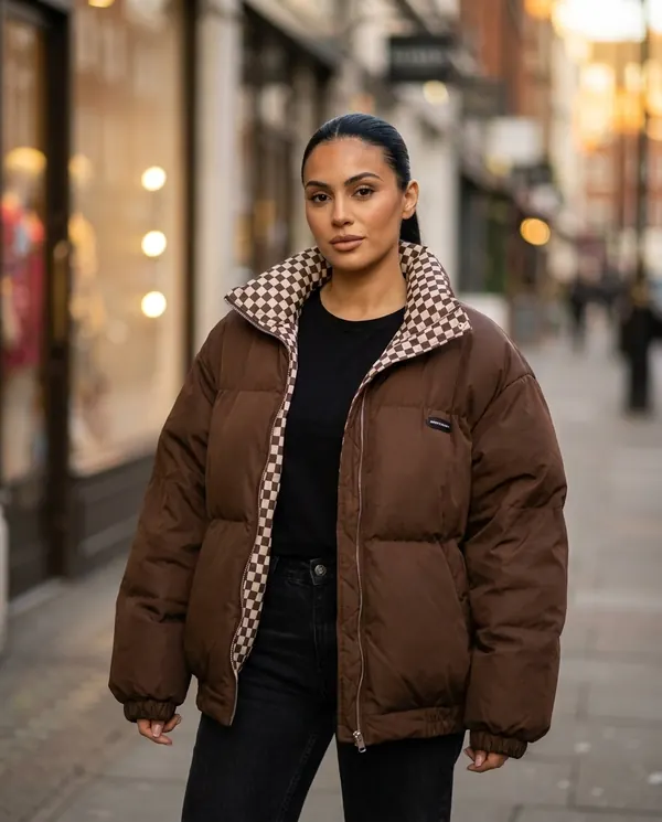 Satin Eve styling: Oversized Puffer Jacket with Check Collar