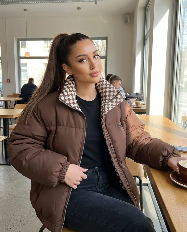 Satin Eve styling: Oversized Puffer Jacket with Check Collar