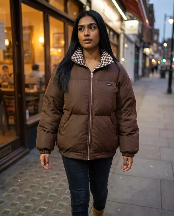 Satin Eve styling: Oversized Puffer Jacket with Check Collar
