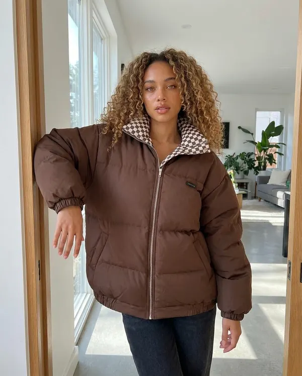 Satin Eve styling: Oversized Puffer Jacket with Check Collar