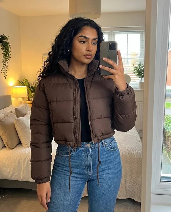 Satin Eve styling: Cropped Puffer Jacket with Drawcord Hem