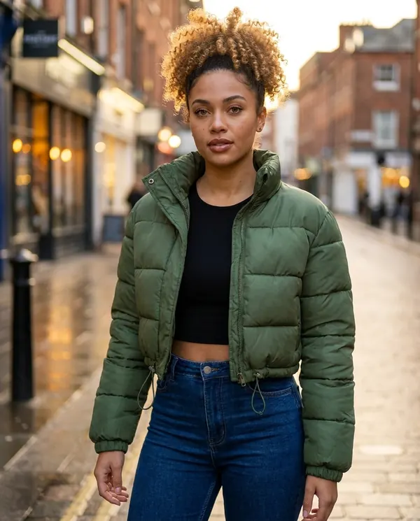 Satin Eve styling: Cropped Puffer Jacket with Drawcord Hem