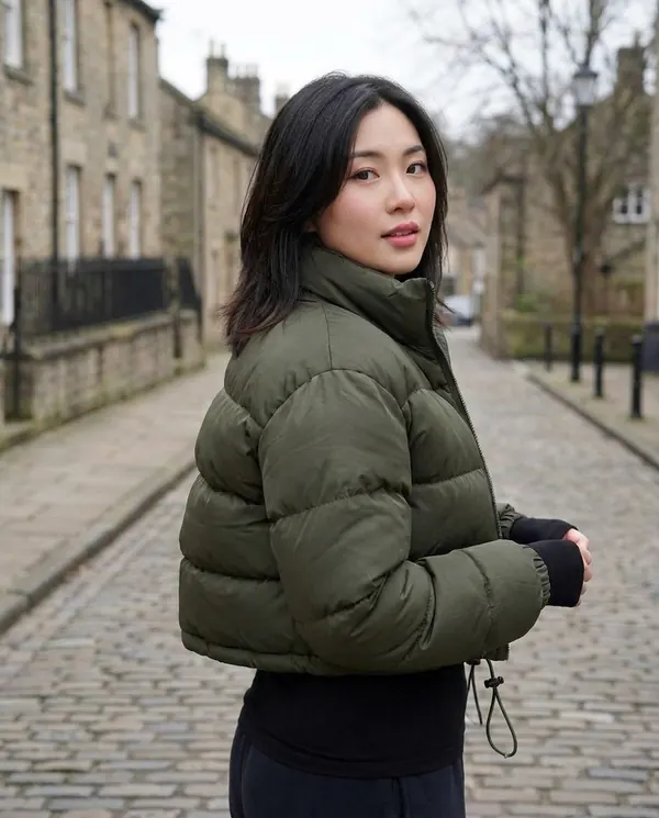 Satin Eve styling: Cropped Puffer Jacket with Drawcord Hem
