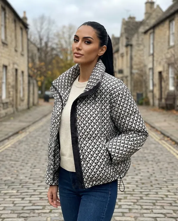 Satin Eve styling: Geometric-Print Puffer Jacket
