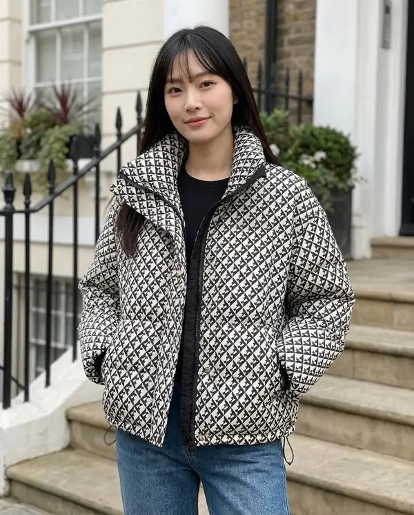 Satin Eve styling: Geometric-Print Puffer Jacket