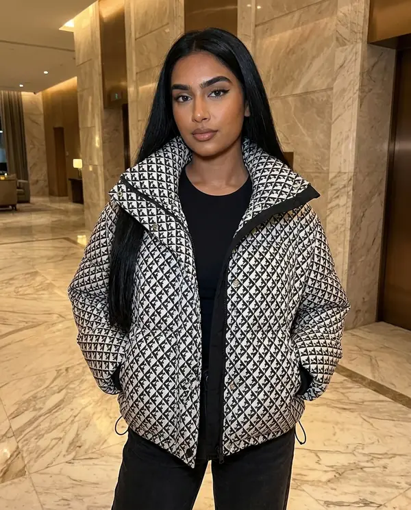 Satin Eve styling: Geometric-Print Puffer Jacket