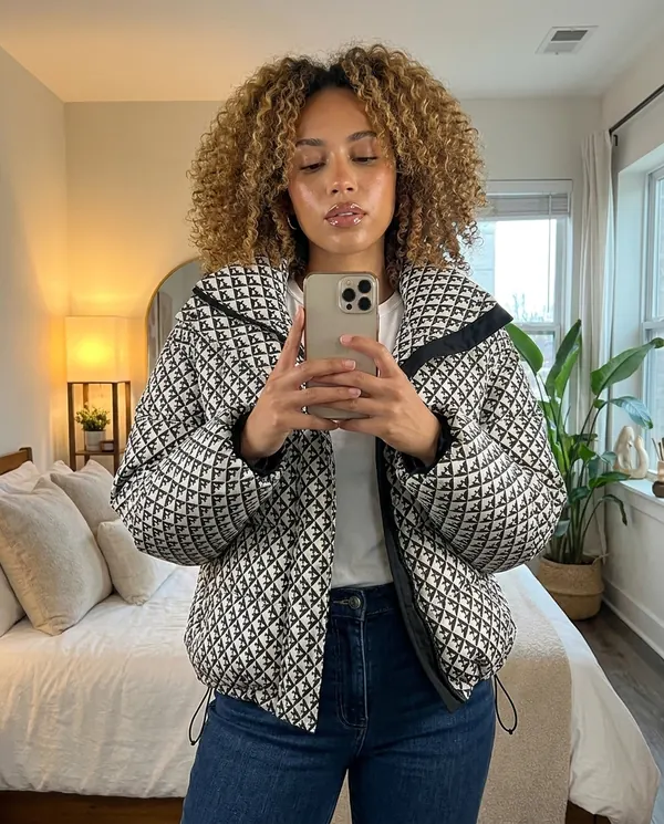 Satin Eve styling: Geometric-Print Puffer Jacket