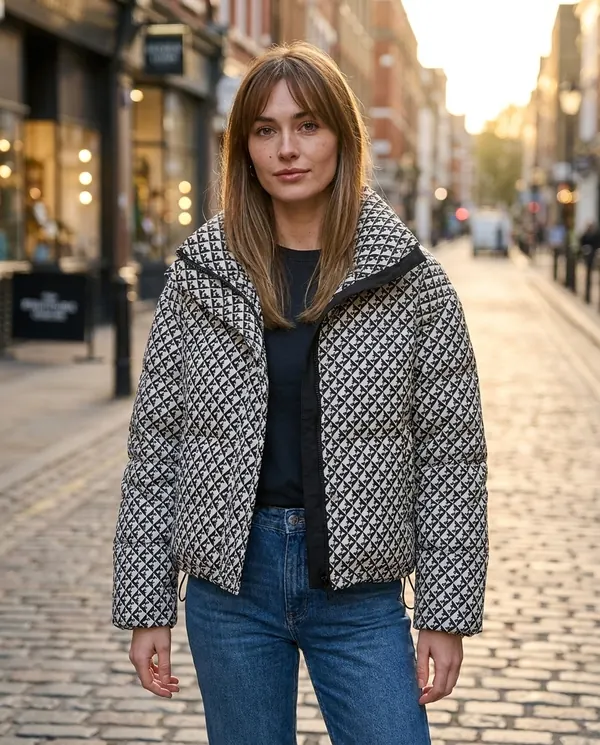 Satin Eve styling: Geometric-Print Puffer Jacket