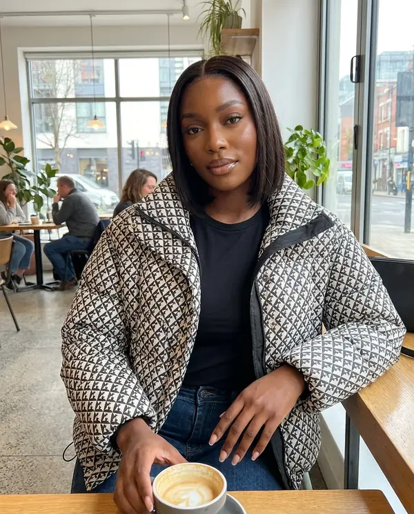 Satin Eve styling: Geometric-Print Puffer Jacket