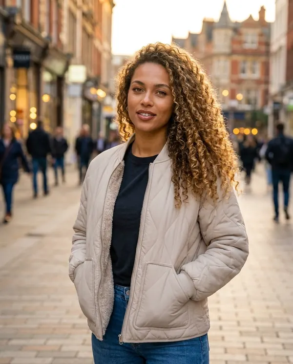 Satin Eve styling: Quilted Bomber Jacket with Soft Fleece Lining
