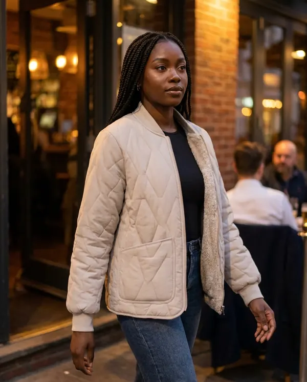 Satin Eve styling: Quilted Bomber Jacket with Soft Fleece Lining
