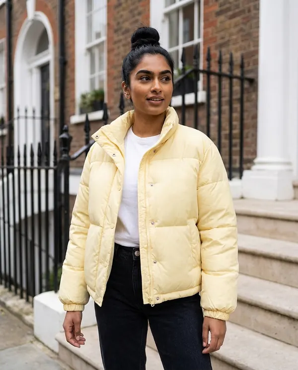 Satin Eve styling: Short Stand-Collar Puffer with Snap Front
