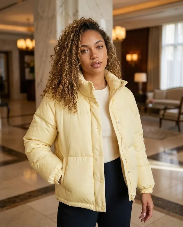Satin Eve styling: Short Stand-Collar Puffer with Snap Front