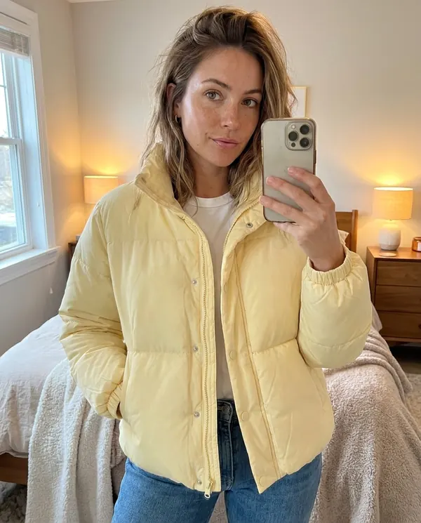 Satin Eve styling: Short Stand-Collar Puffer with Snap Front