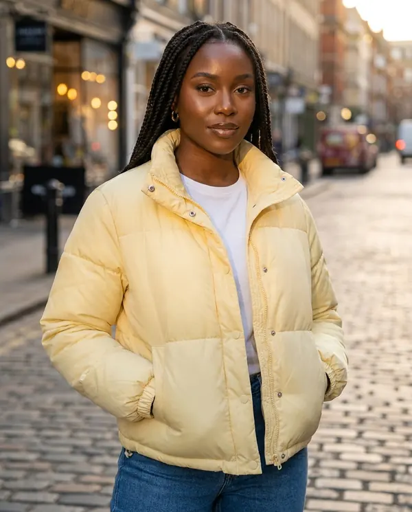 Satin Eve styling: Short Stand-Collar Puffer with Snap Front