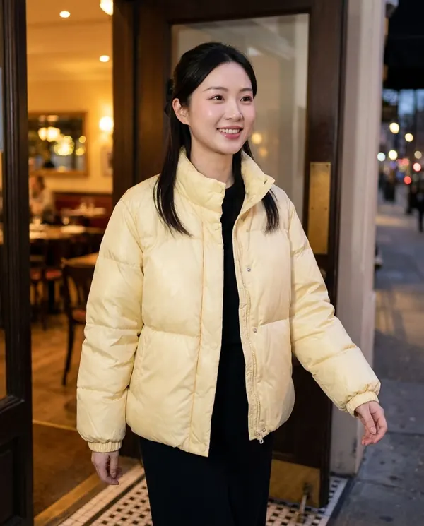 Satin Eve styling: Short Stand-Collar Puffer with Snap Front