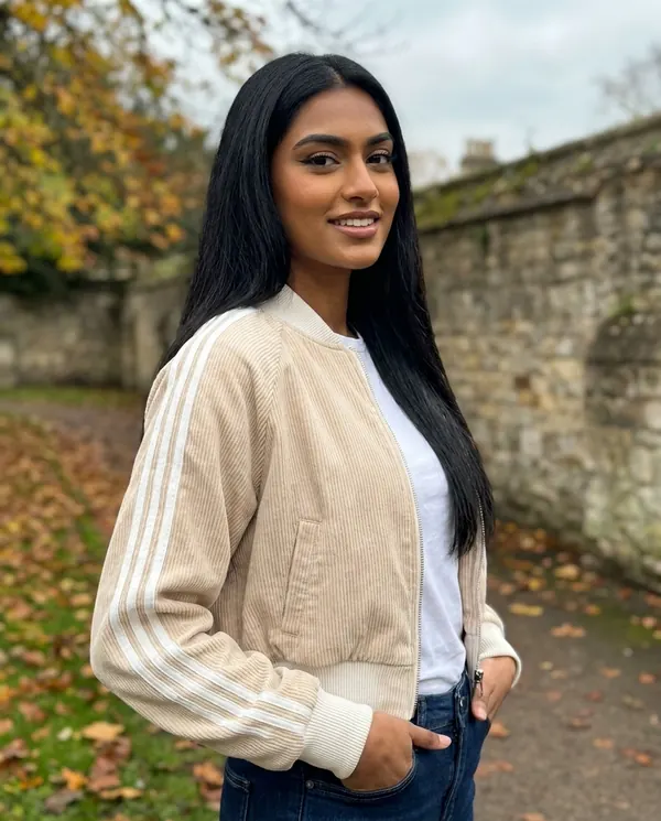 Satin Eve styling: Corduroy Zip Bomber Jacket with Stripe Sleeves