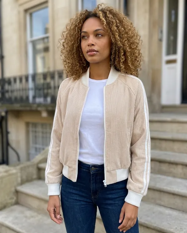Satin Eve styling: Corduroy Zip Bomber Jacket with Stripe Sleeves