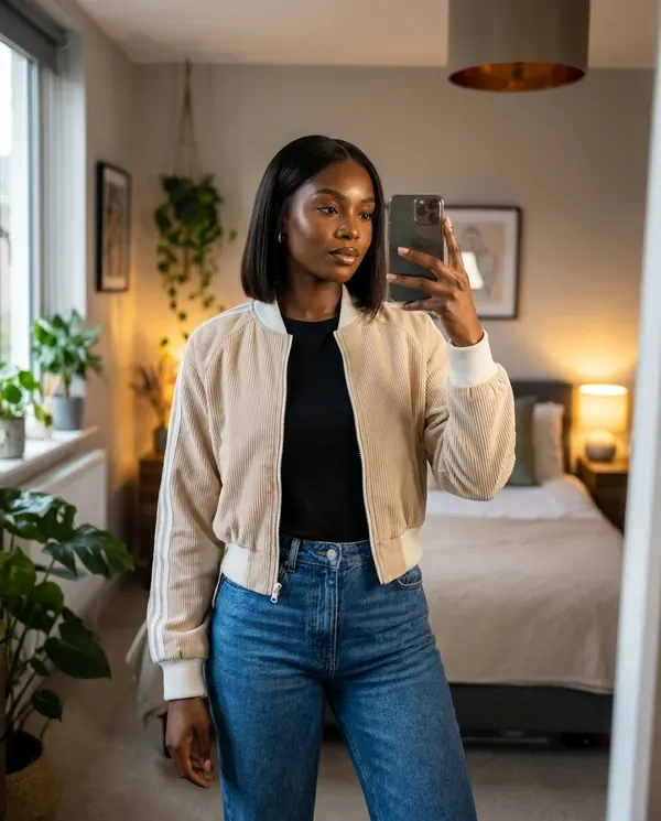 Satin Eve styling: Corduroy Zip Bomber Jacket with Stripe Sleeves