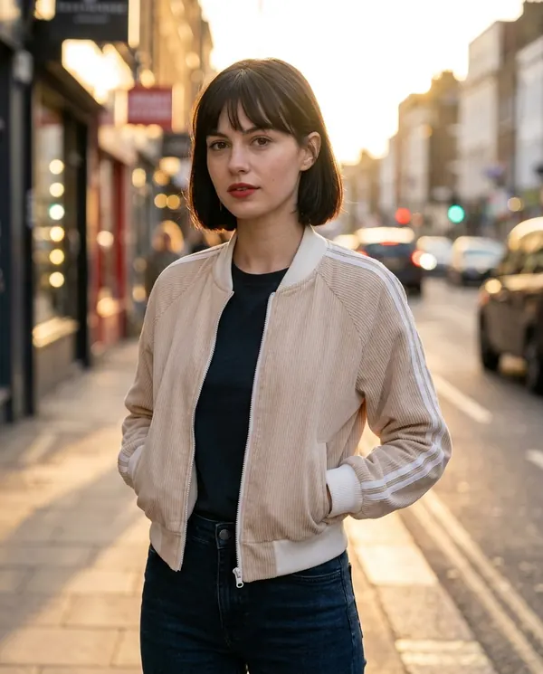 Satin Eve styling: Corduroy Zip Bomber Jacket with Stripe Sleeves