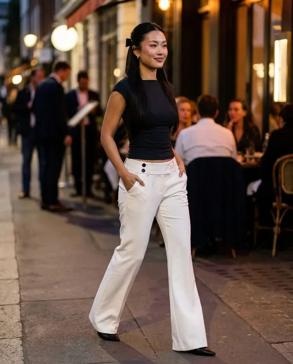 Satin Eve styling: Low-Rise Tailored Wide-Leg Trousers