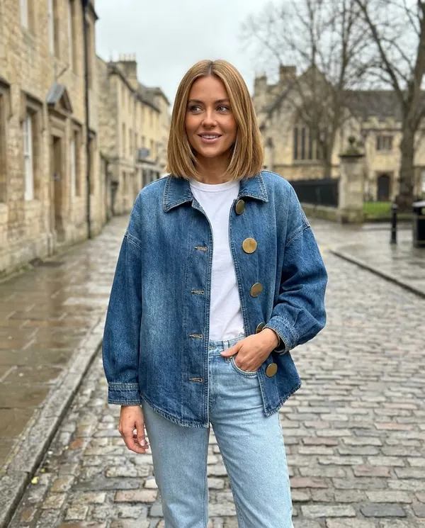 Satin Eve styling: Denim Jacket with Large Gold Buttons