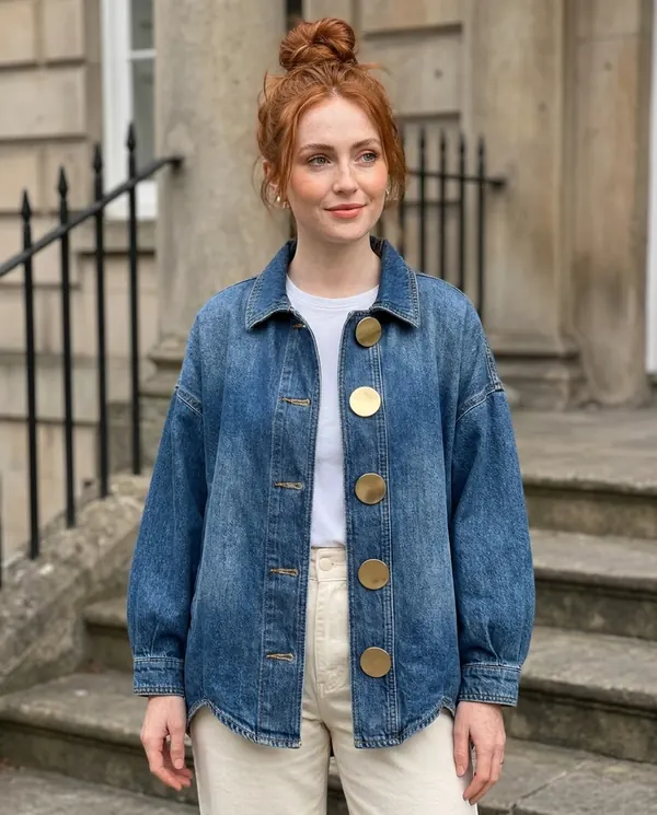 Satin Eve styling: Denim Jacket with Large Gold Buttons