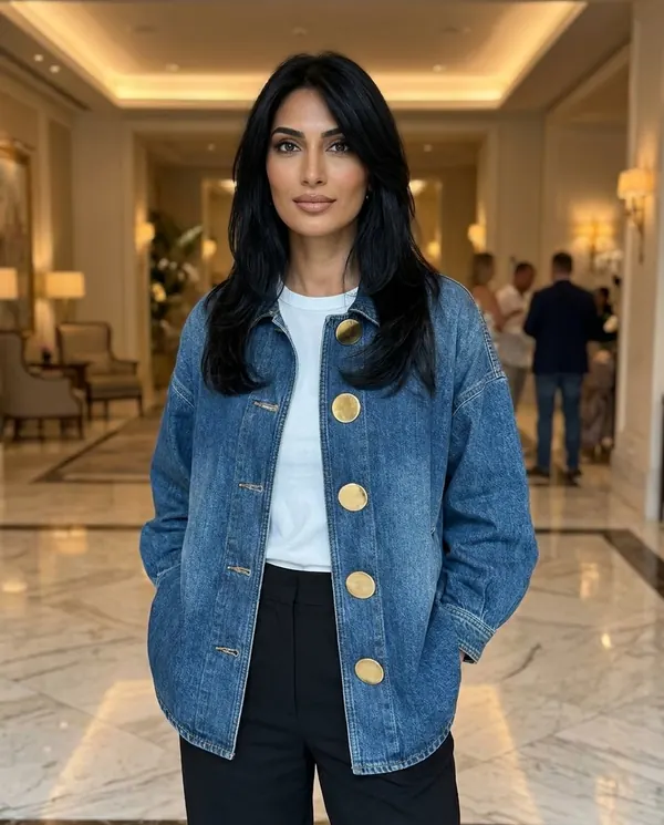 Satin Eve styling: Denim Jacket with Large Gold Buttons