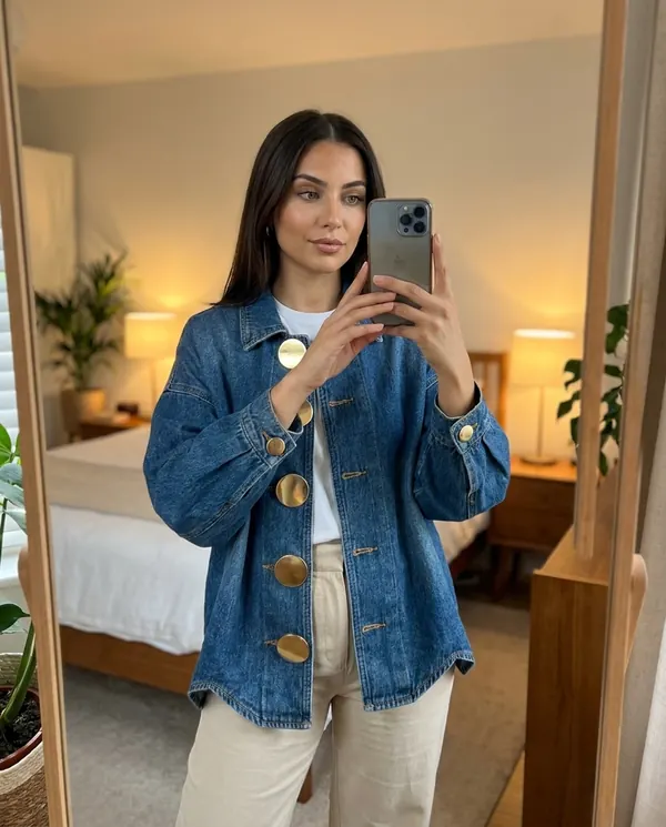 Satin Eve styling: Denim Jacket with Large Gold Buttons
